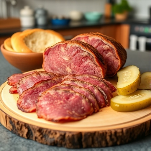 Homemade Beef Pastrami Recipe Thinly sliced homemade Beef Pastrami on a wooden board with rye bread, pickles, and mustard.